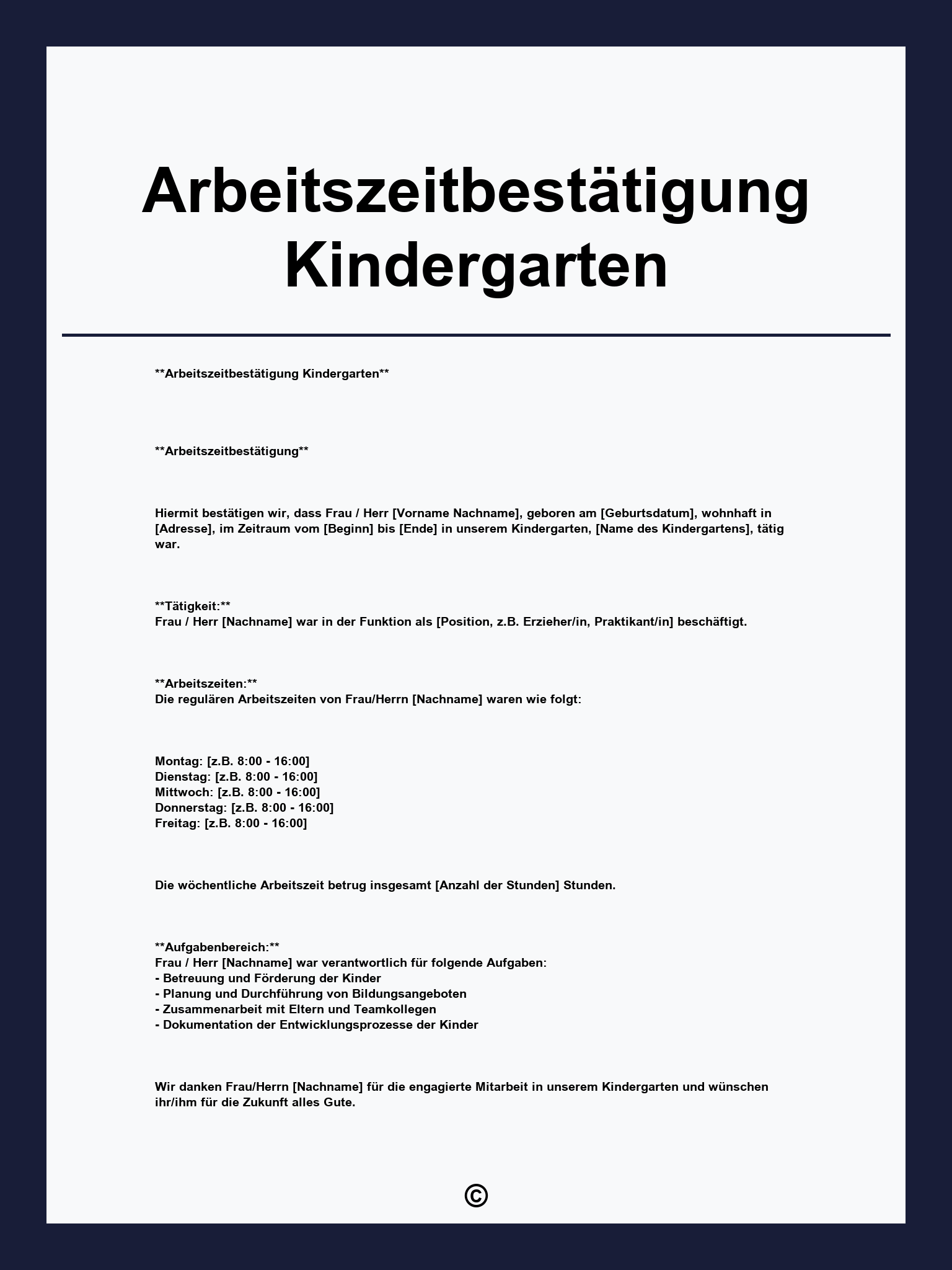 Arbeitszeitbestätigung Kindergarten