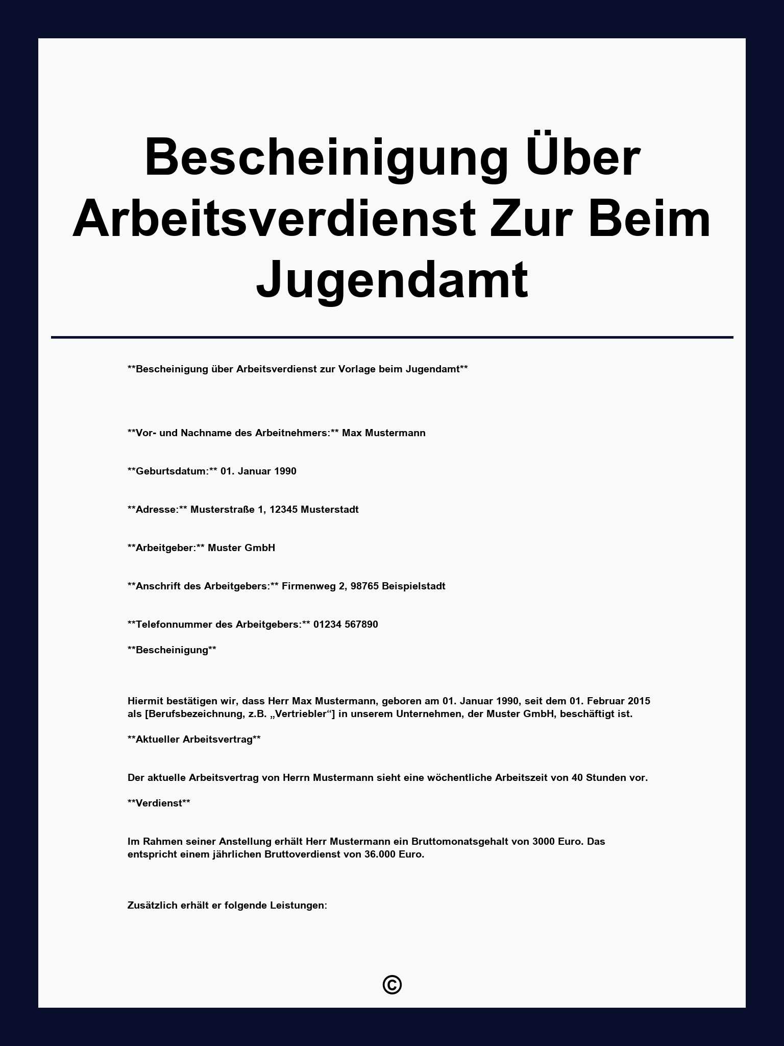 Bescheinigung Über Arbeitsverdienst Zur Vorlage Beim Jugendamt
