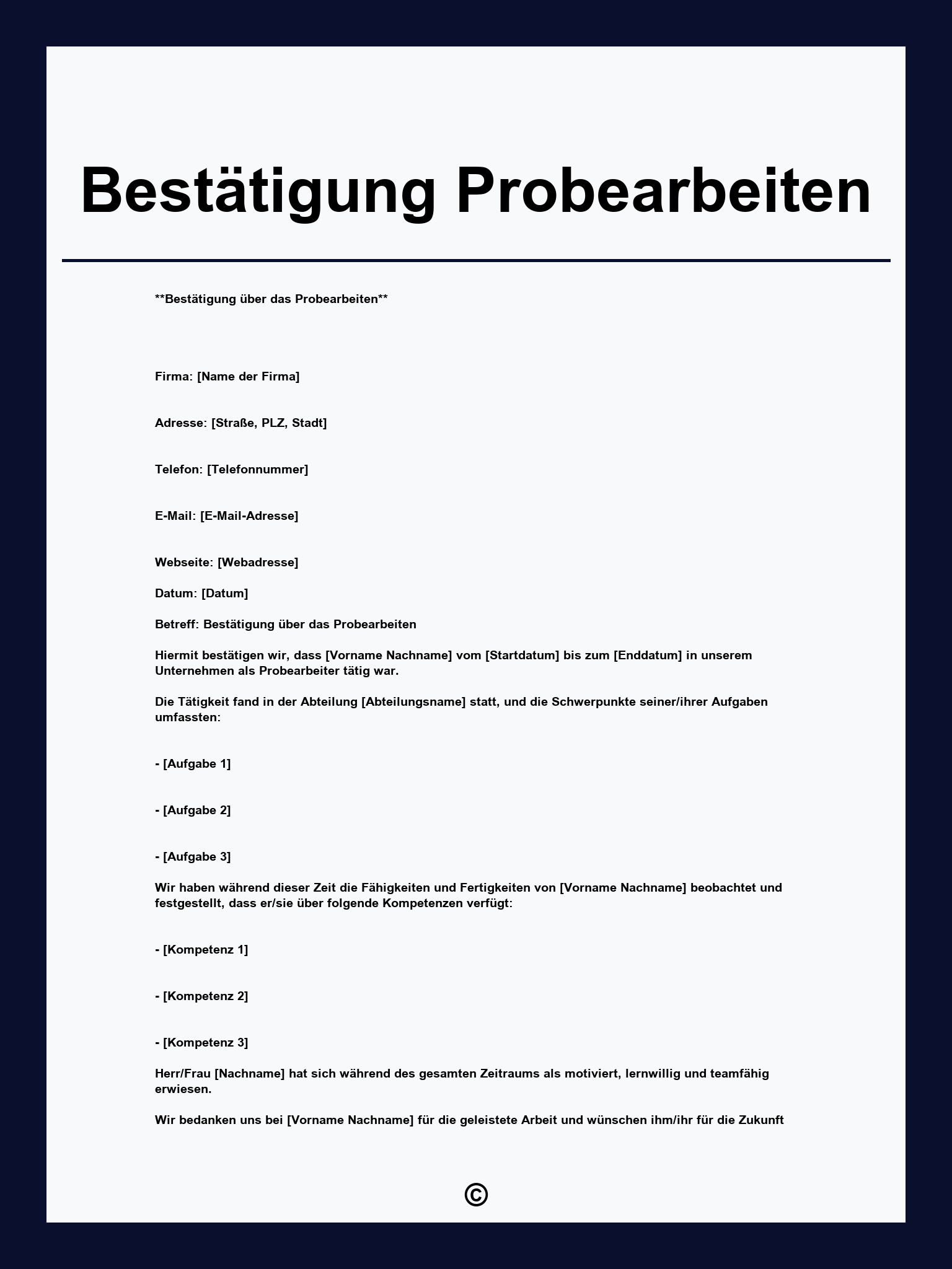 Bestätigung Probearbeiten