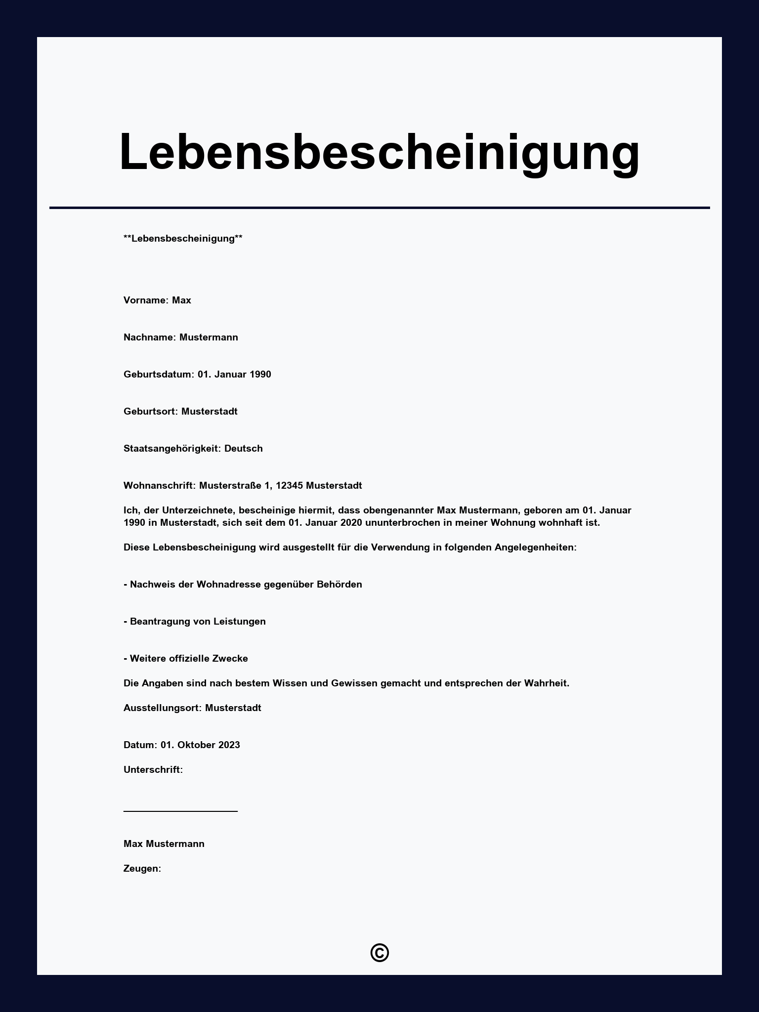 Lebensbescheinigung Formular