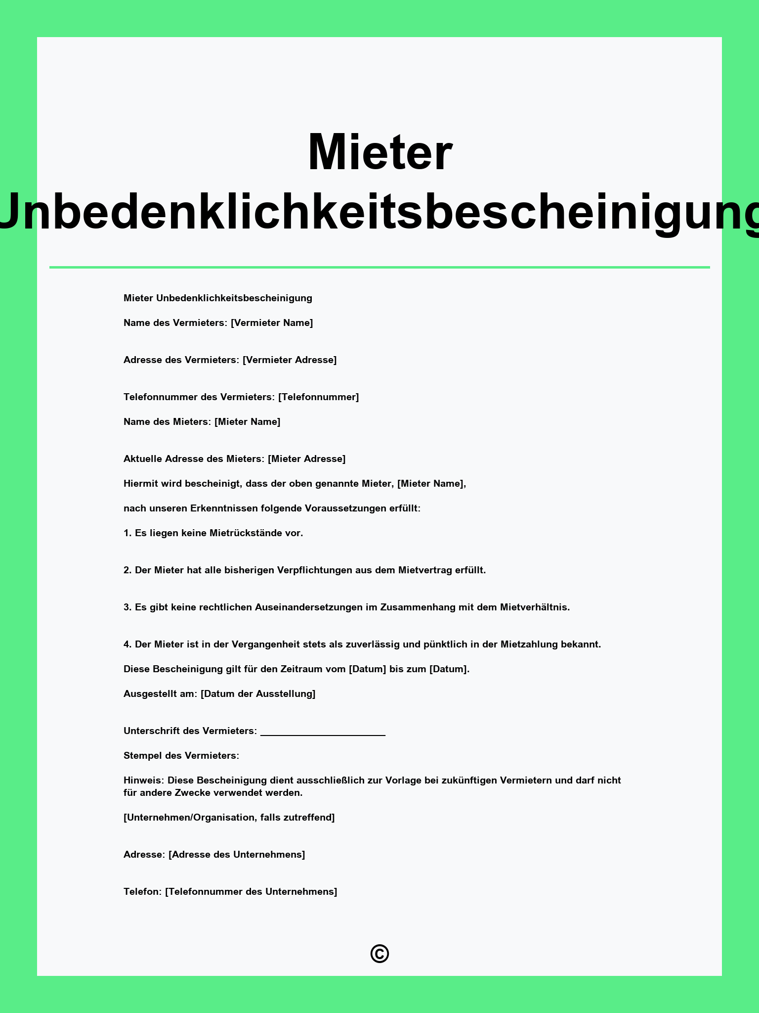 Mieter Unbedenklichkeitsbescheinigung