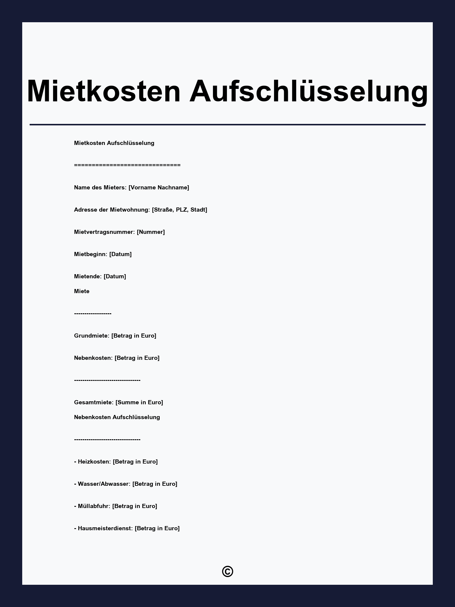 Mietkosten Aufschlüsselung