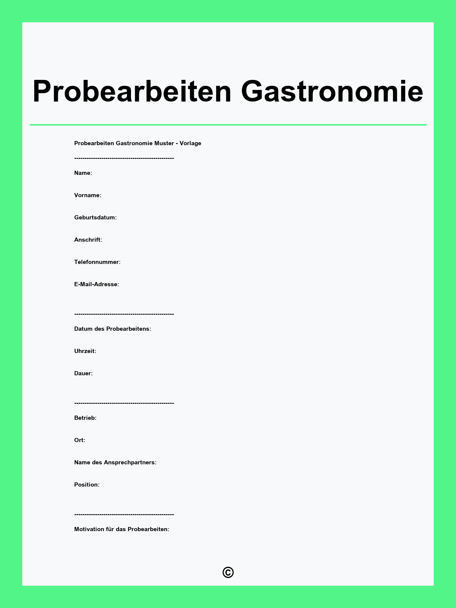Probearbeiten Gastronomie Formular