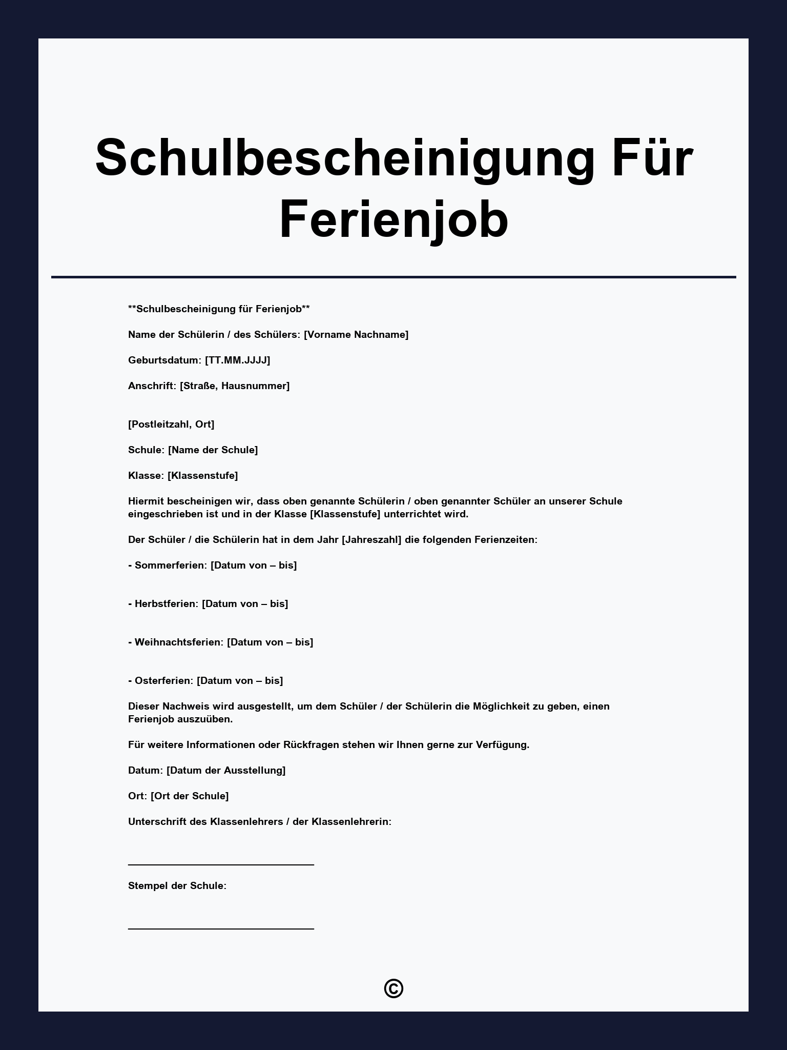 Schulbescheinigung Für Ferienjob